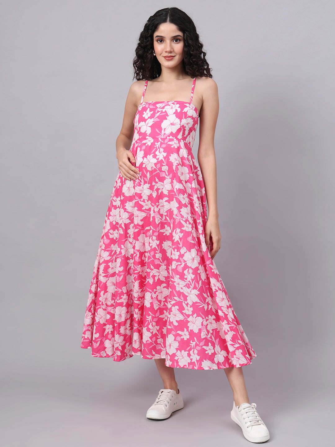 Noe Velarro Pink Floral Shoulder Straps Cotton Dress