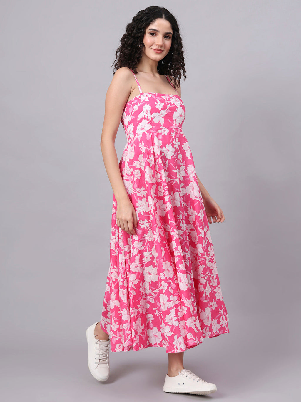 Noe Velarro Pink Floral Shoulder Straps Cotton Dress