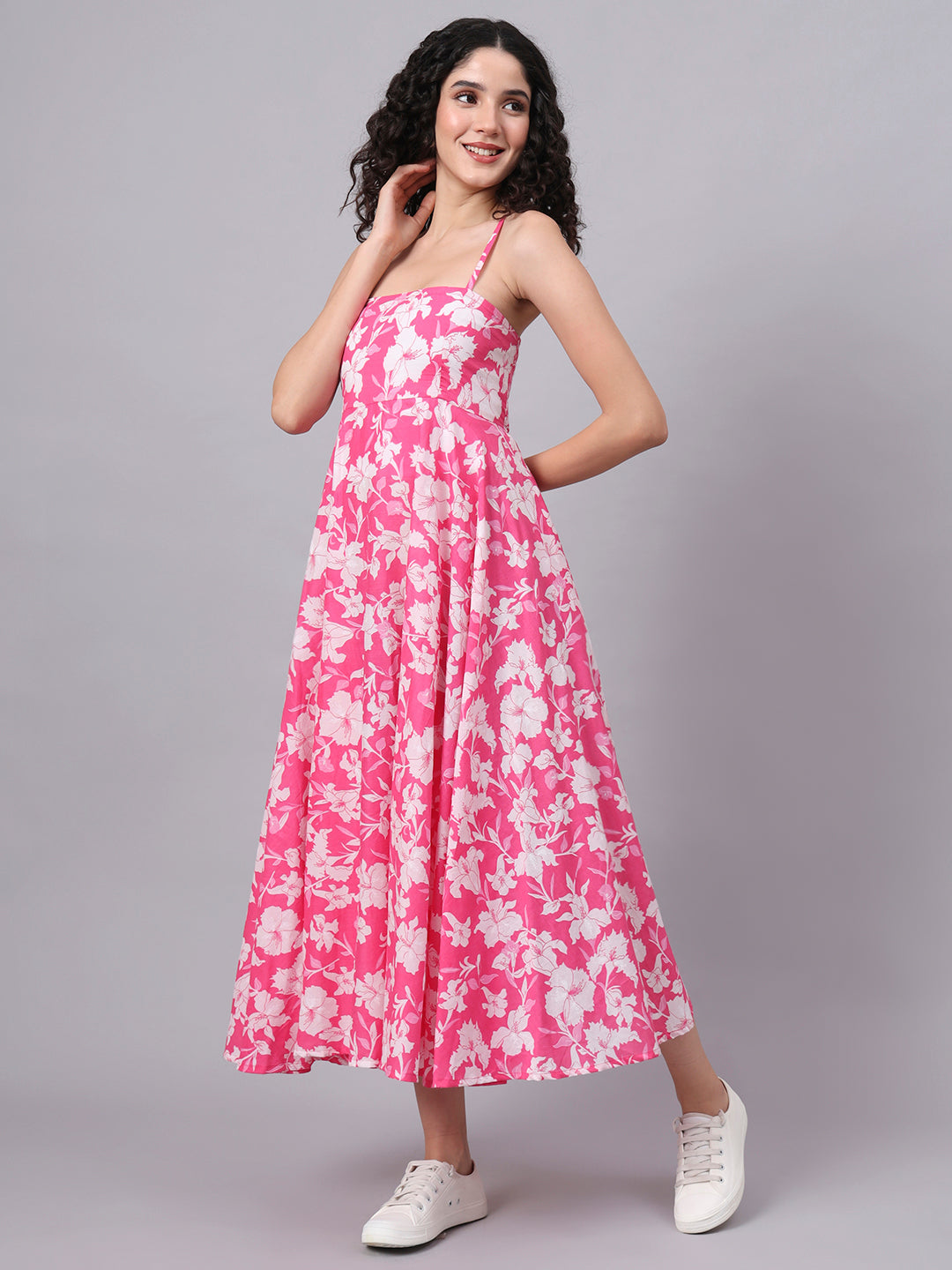 Noe Velarro Pink Floral Shoulder Straps Cotton Dress