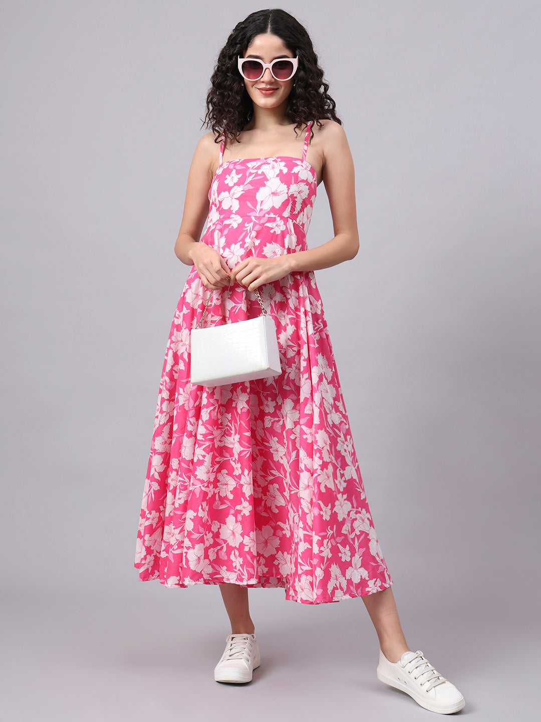 Noe Velarro Pink Floral Shoulder Straps Cotton Dress