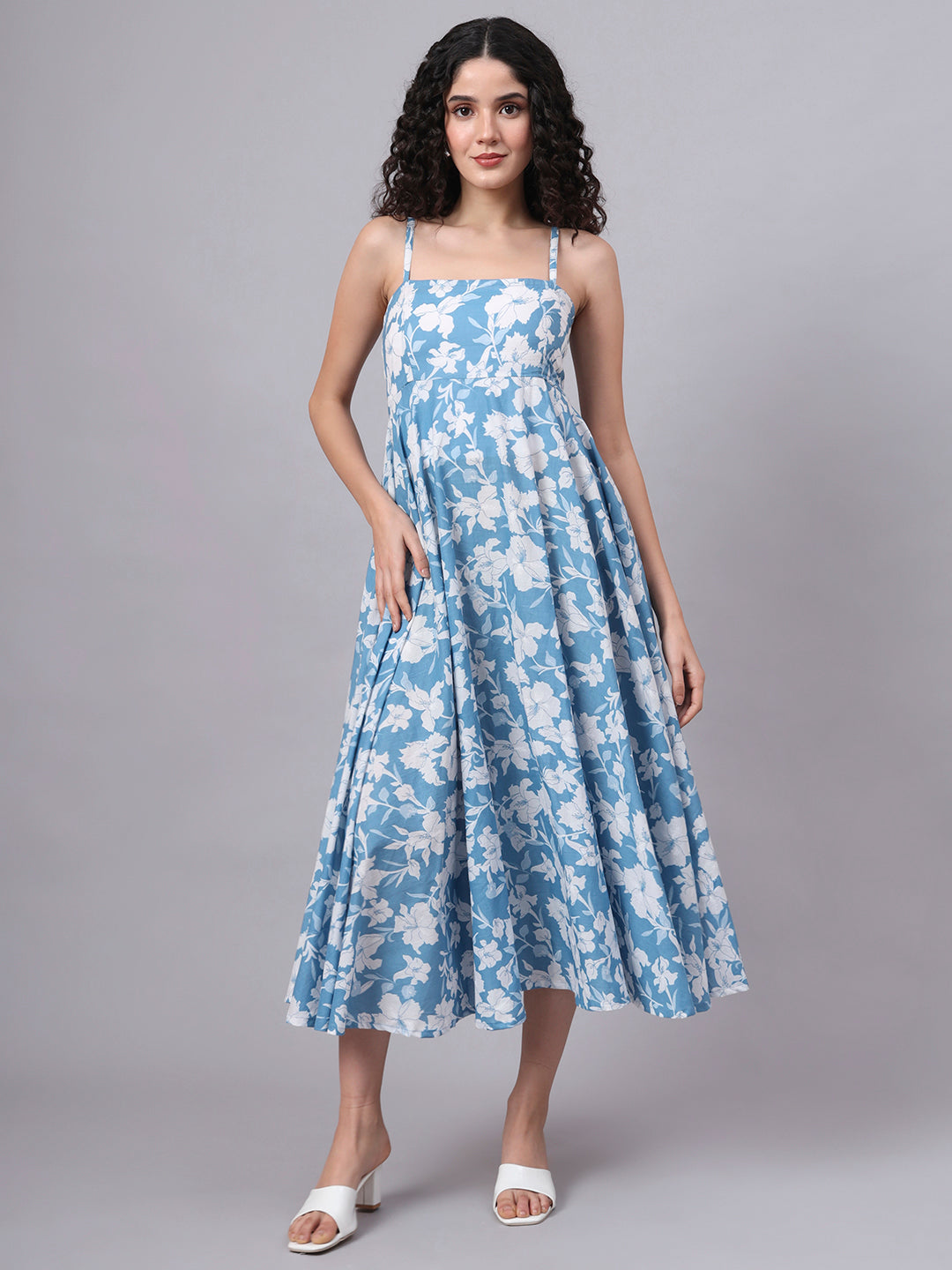 Noe Velarro Blue Floral Shoulder Straps Cotton Dress