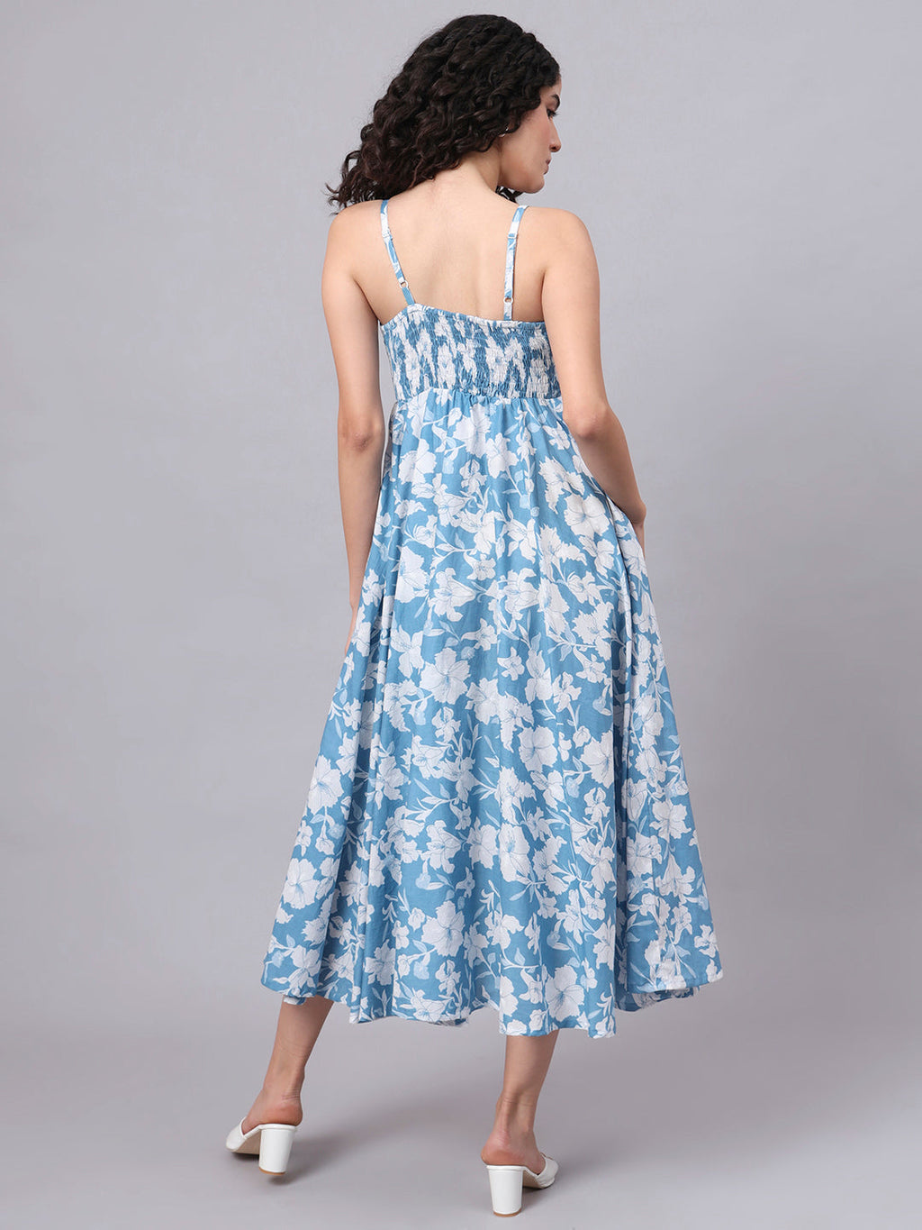 Noe Velarro Blue Floral Shoulder Straps Cotton Dress