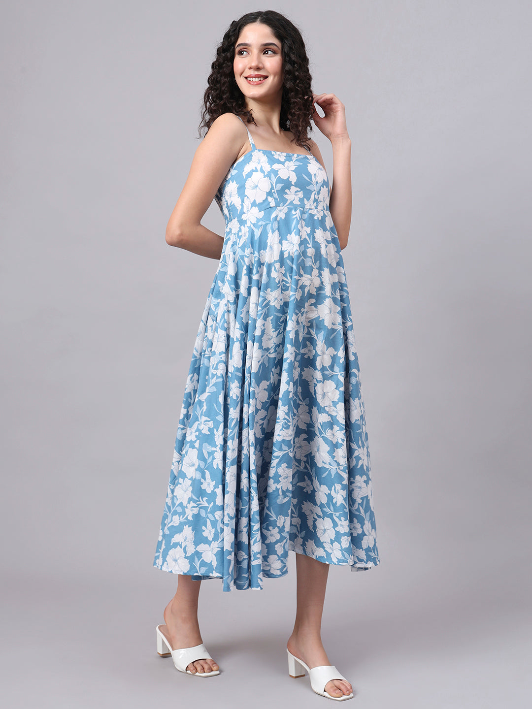 Noe Velarro Blue Floral Shoulder Straps Cotton Dress
