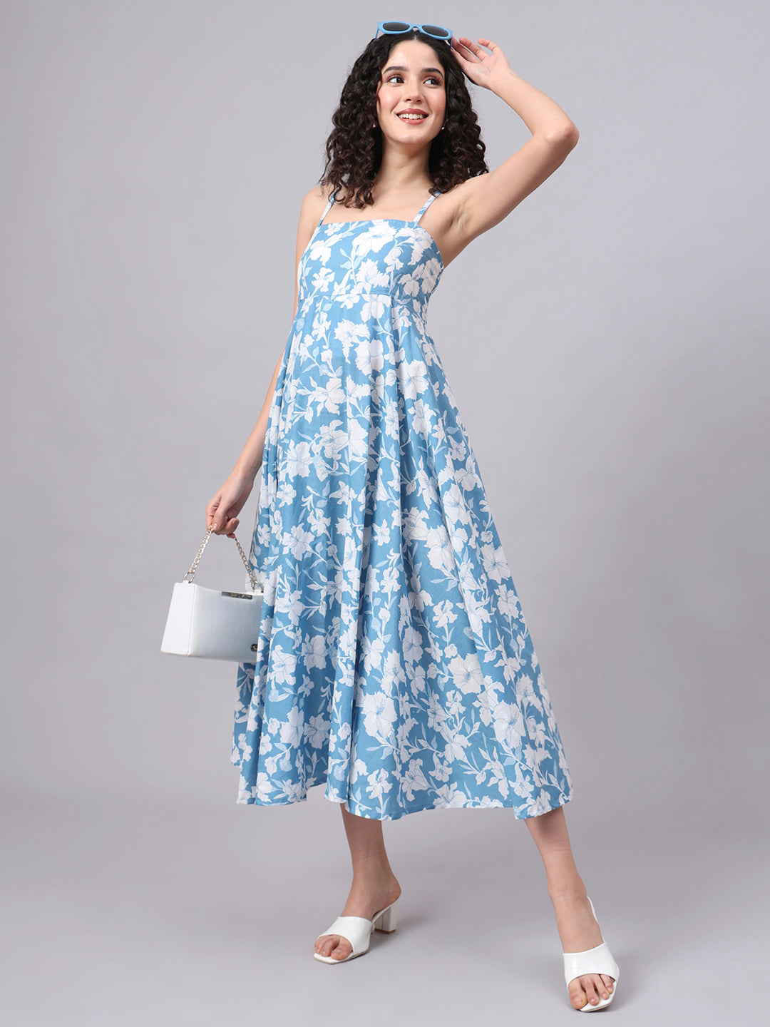 Noe Velarro Blue Floral Shoulder Straps Cotton Dress