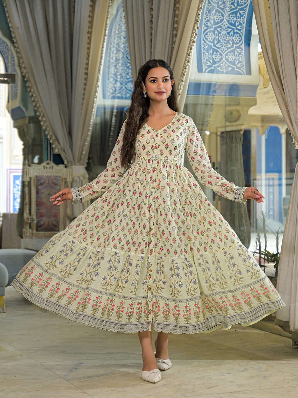 Noe Velarro Cream Ethnic Motif Cotton Dress