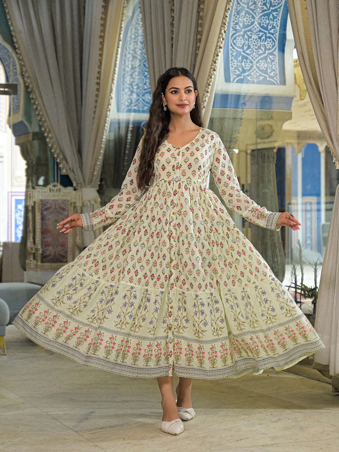 Noe Velarro Cream Ethnic Motif Cotton Dress