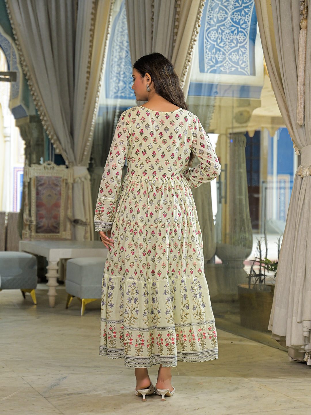 Noe Velarro Cream Ethnic Motif Cotton Dress