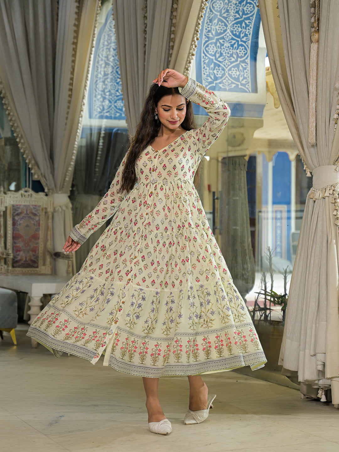 Noe Velarro Cream Ethnic Motif Cotton Dress