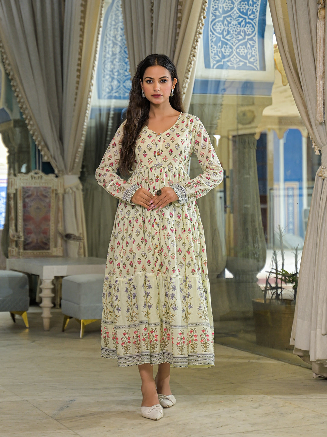 Noe Velarro Cream Ethnic Motif Cotton Dress