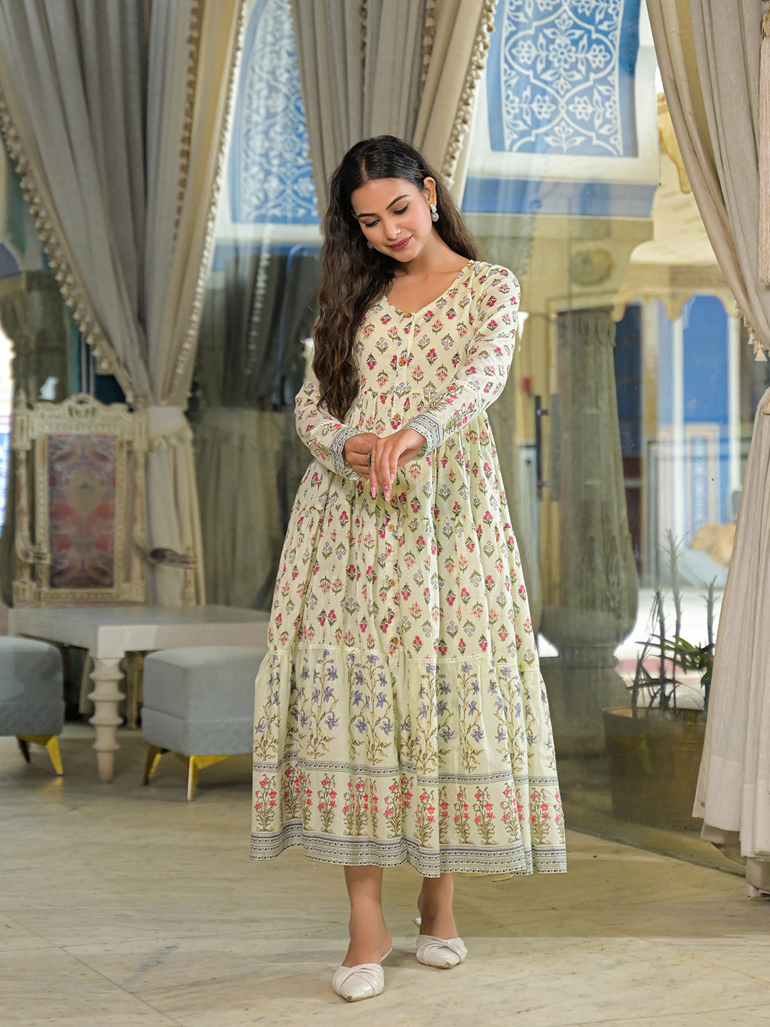 Noe Velarro Cream Ethnic Motif Cotton Dress