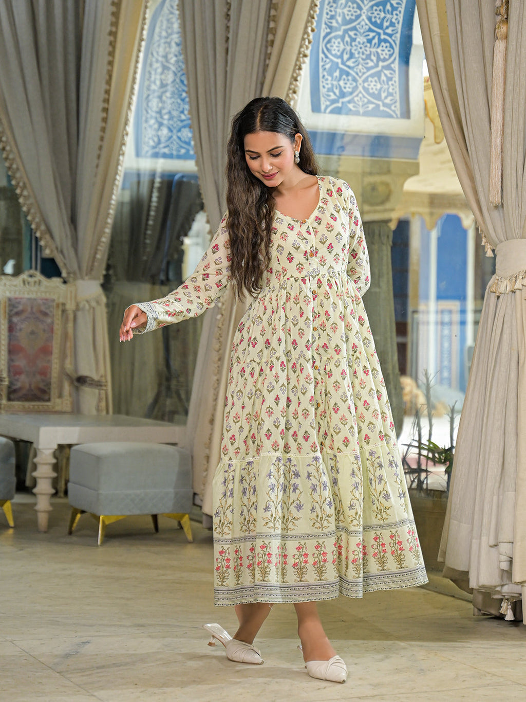 Noe Velarro Cream Ethnic Motif Cotton Dress