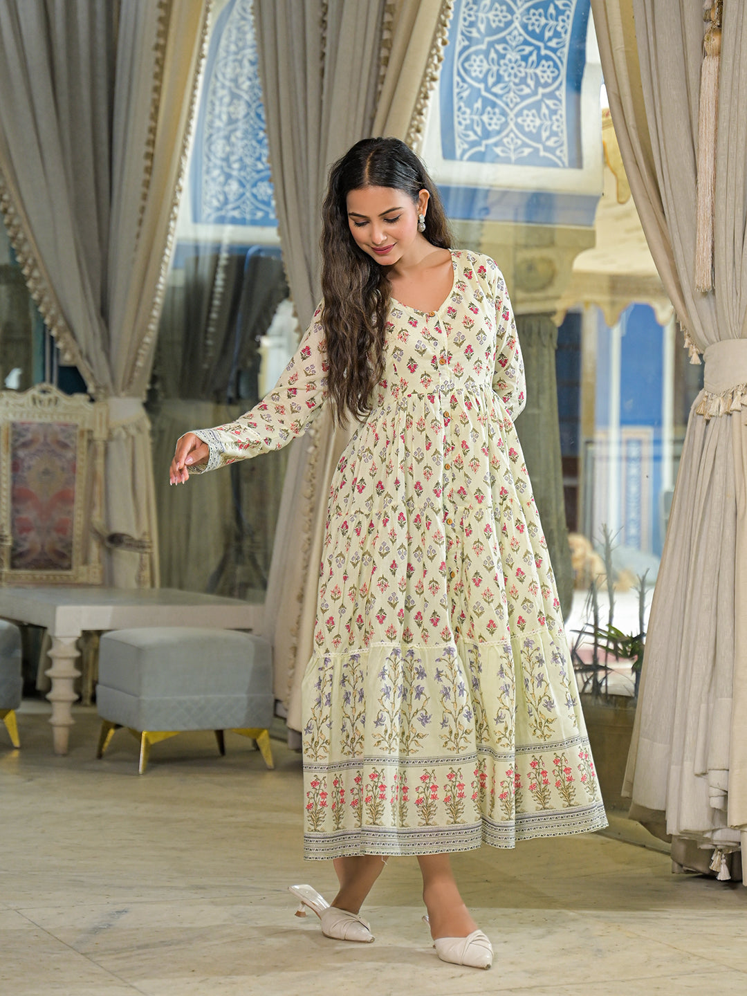 Noe Velarro Cream Ethnic Motif Cotton Dress