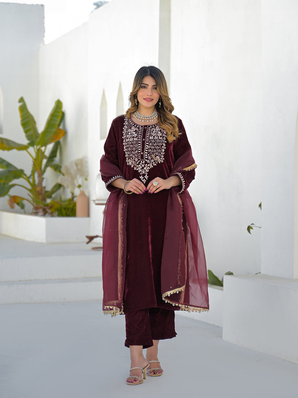 Noe Velarro Embroidered Maroon Velvet Kurta Pant Dupatta Set for Women