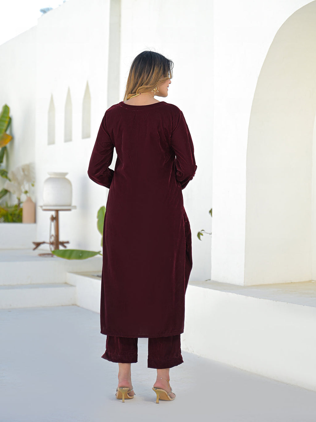 Noe Velarro Embroidered Maroon Velvet Kurta Pant Dupatta Set for Women
