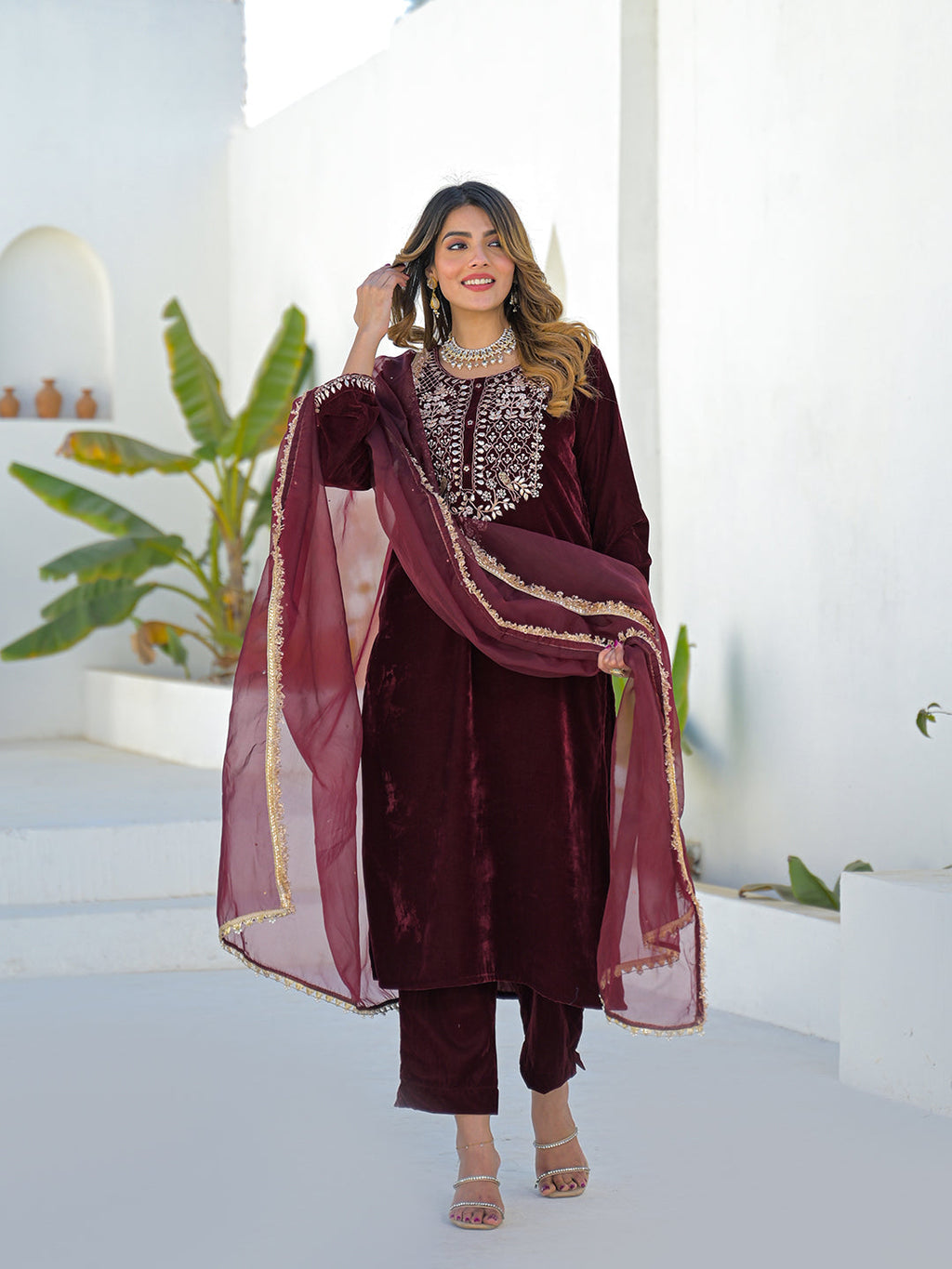 Noe Velarro Embroidered Maroon Velvet Kurta Pant Dupatta Set for Women