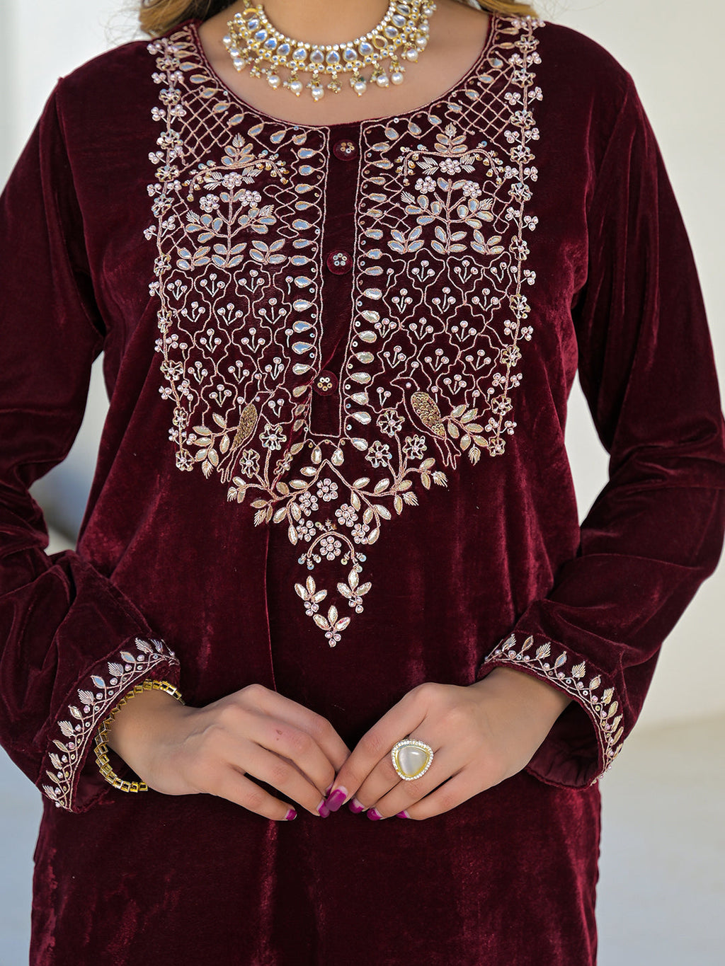Noe Velarro Embroidered Maroon Velvet Kurta Pant Dupatta Set for Women