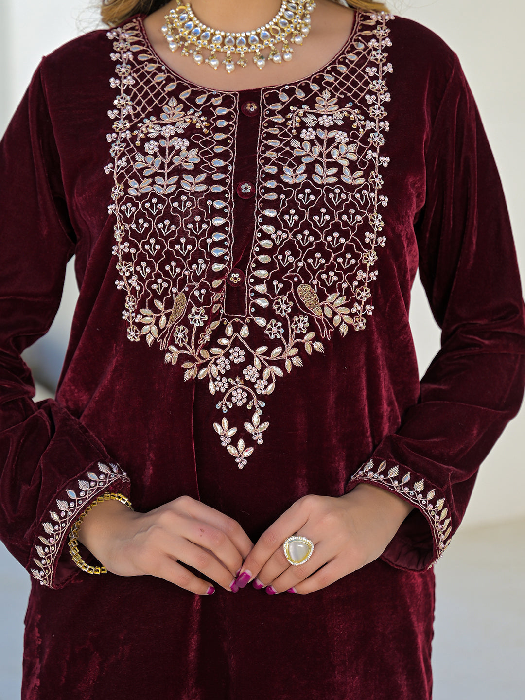 Noe Velarro Embroidered Maroon Velvet Kurta Pant Dupatta Set for Women