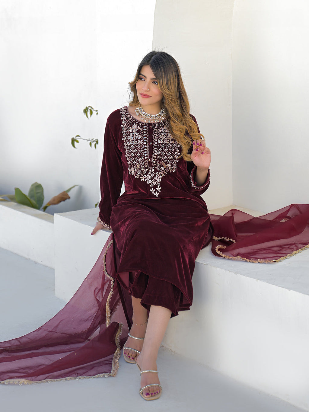 Noe Velarro Embroidered Maroon Velvet Kurta Pant Dupatta Set for Women