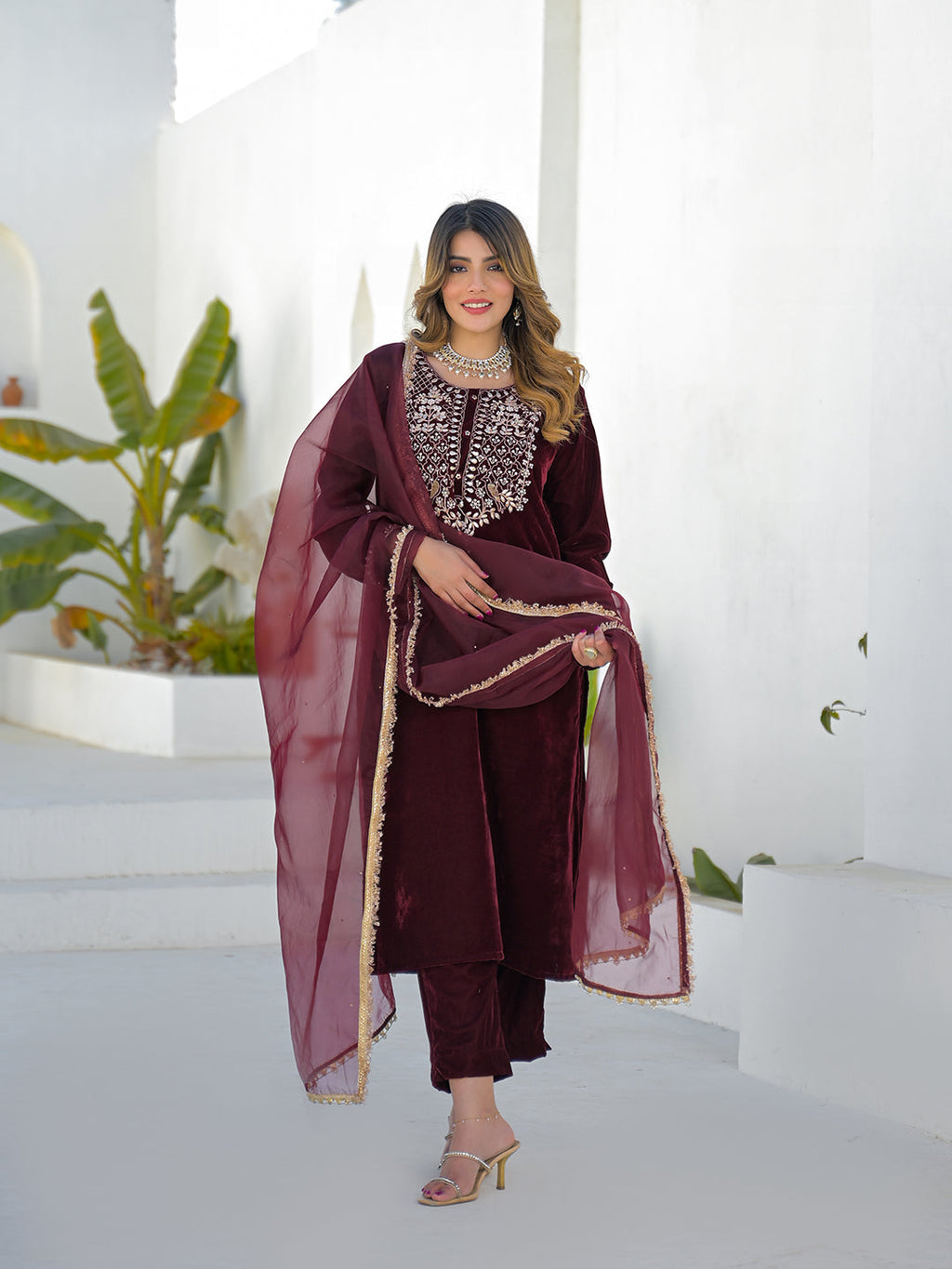 Noe Velarro Embroidered Maroon Velvet Kurta Pant Dupatta Set for Women