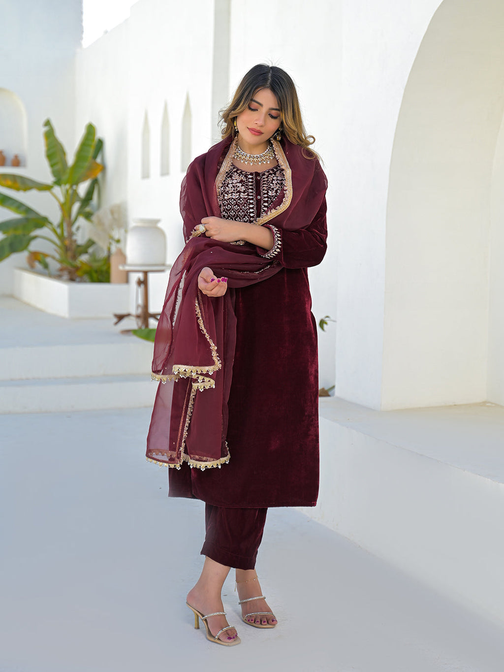 Noe Velarro Embroidered Maroon Velvet Kurta Pant Dupatta Set for Women