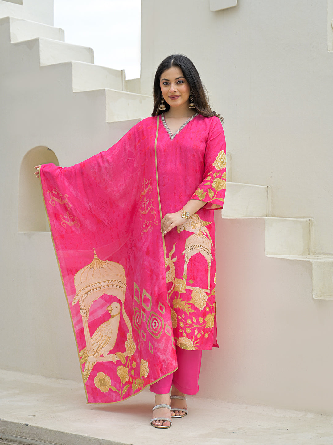 Noe Velarro Pink Muslin Digital Print Kurta Pant Set With Dupatta
