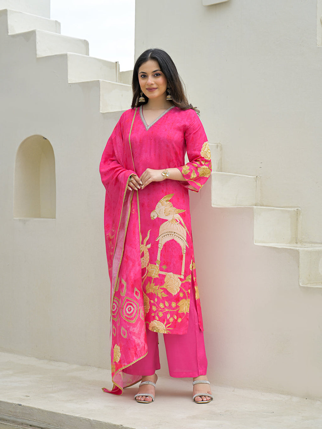 Noe Velarro Pink Muslin Digital Print Kurta Pant Set With Dupatta
