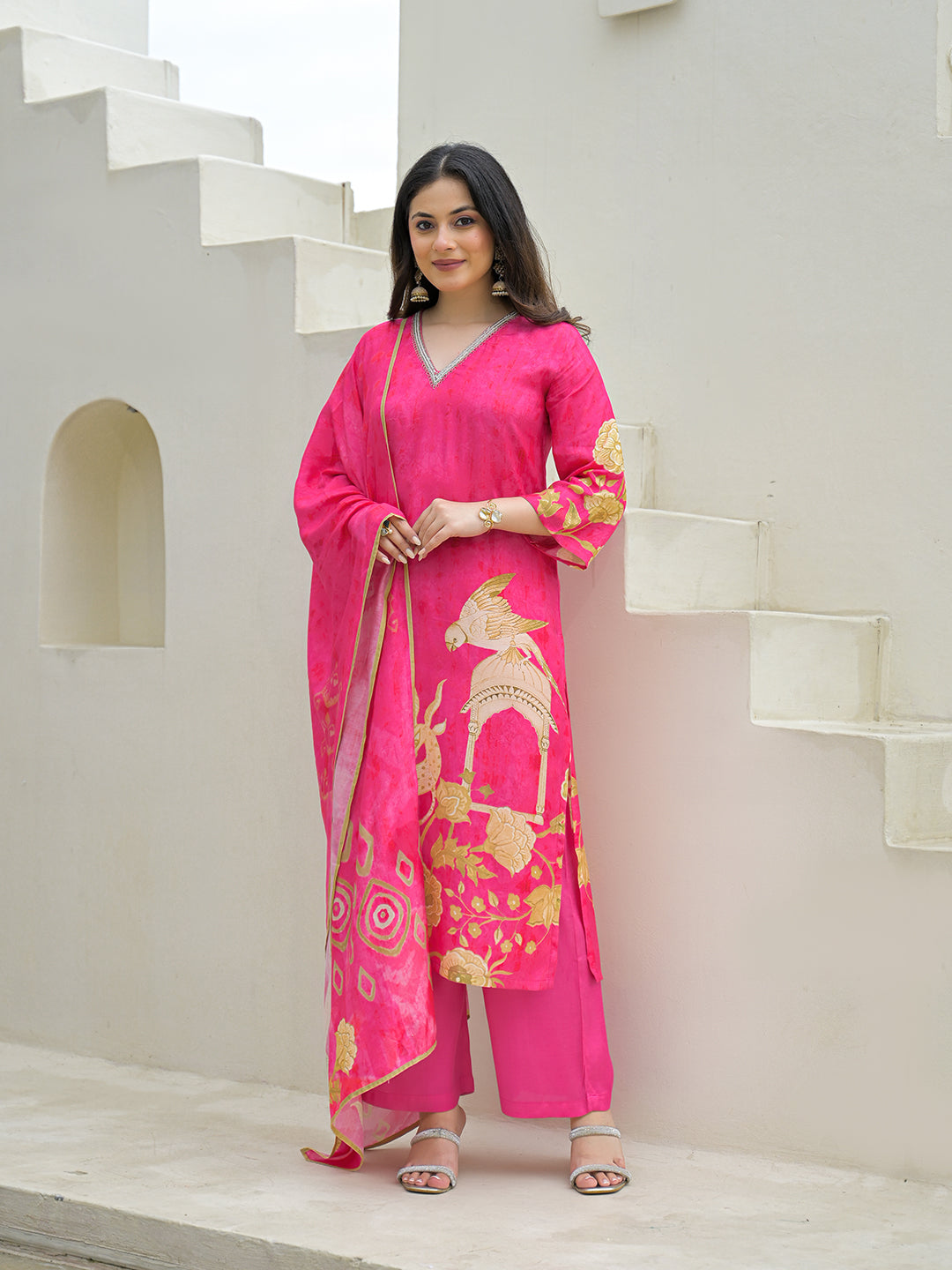Noe Velarro Pink Muslin Digital Print Kurta Pant Set With Dupatta