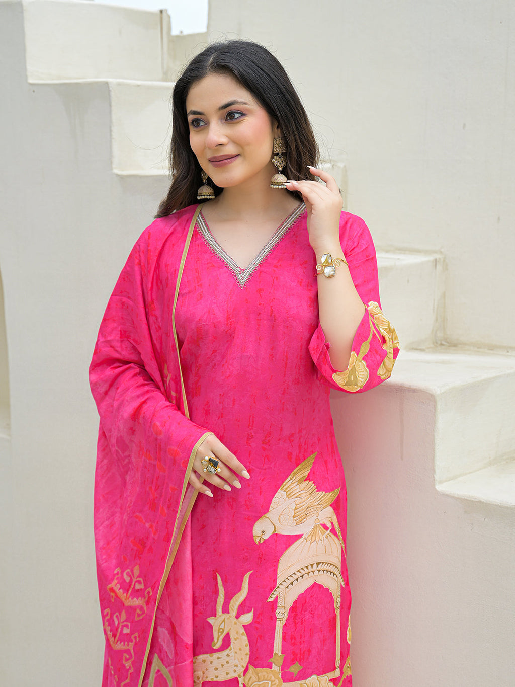 Noe Velarro Pink Muslin Digital Print Kurta Pant Set With Dupatta