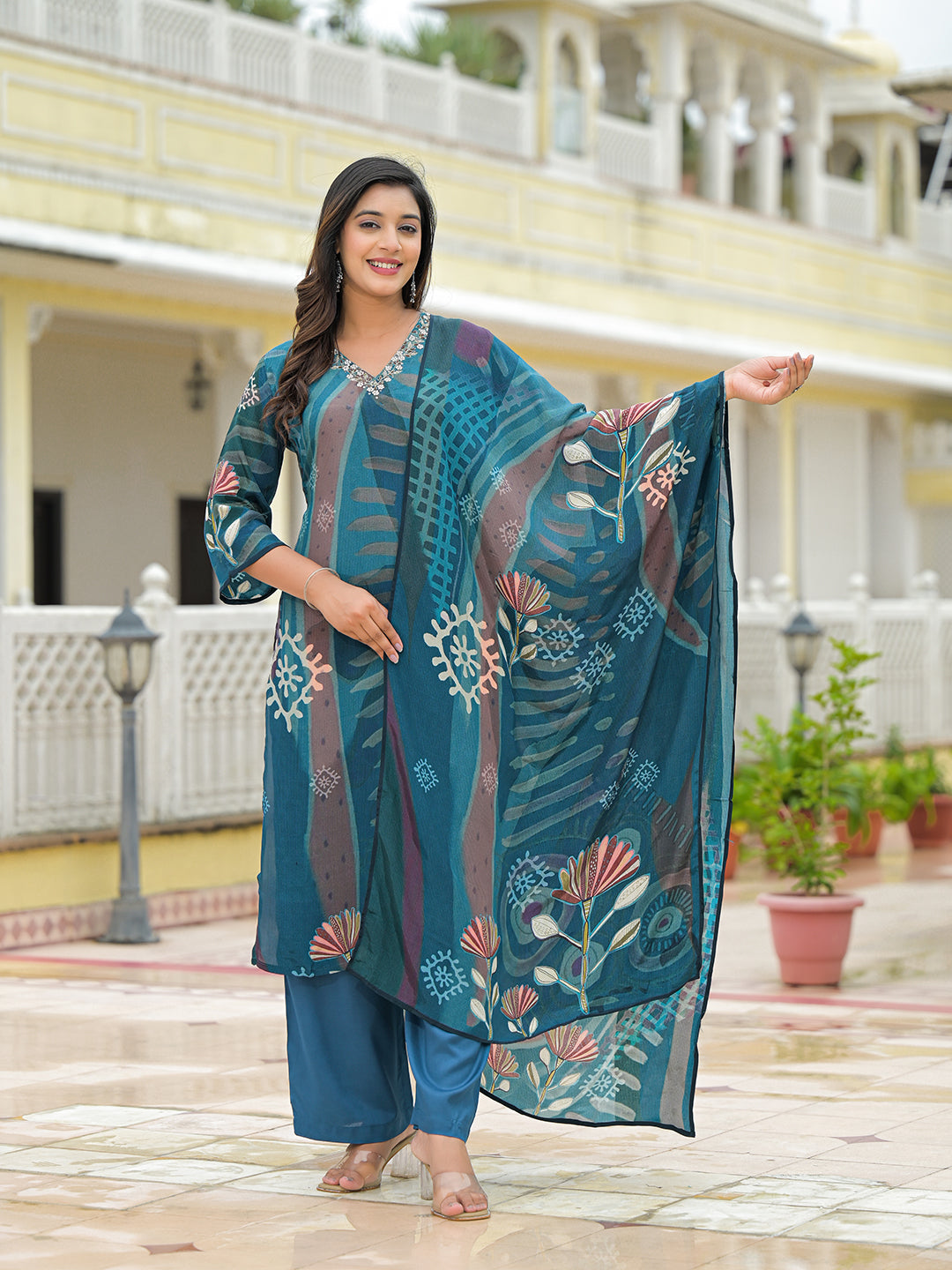 Noe Velarro Blue Pure Crepe Digital Print Kurta Pant Set With Dupatta