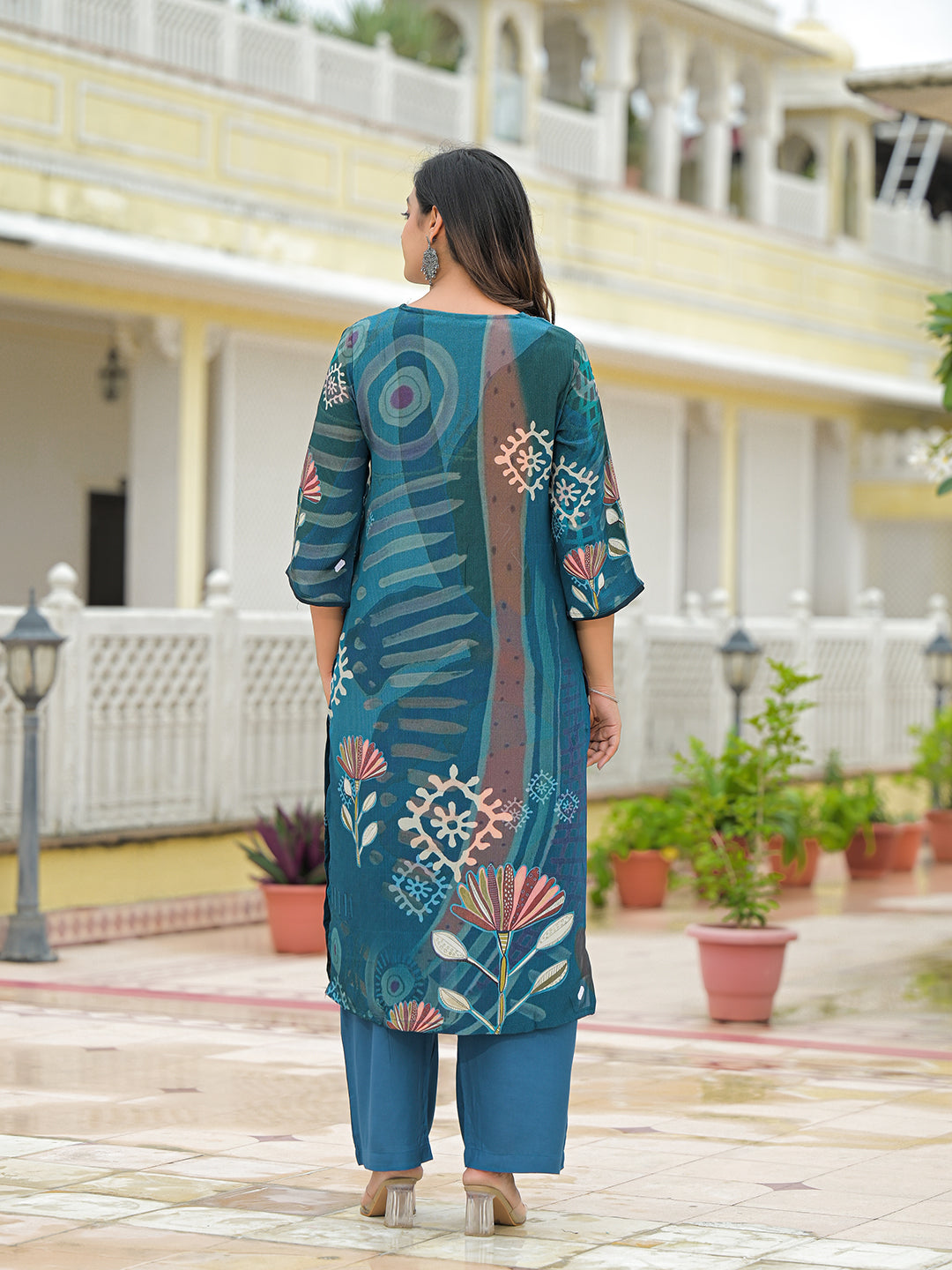 Noe Velarro Blue Pure Crepe Digital Print Kurta Pant Set With Dupatta