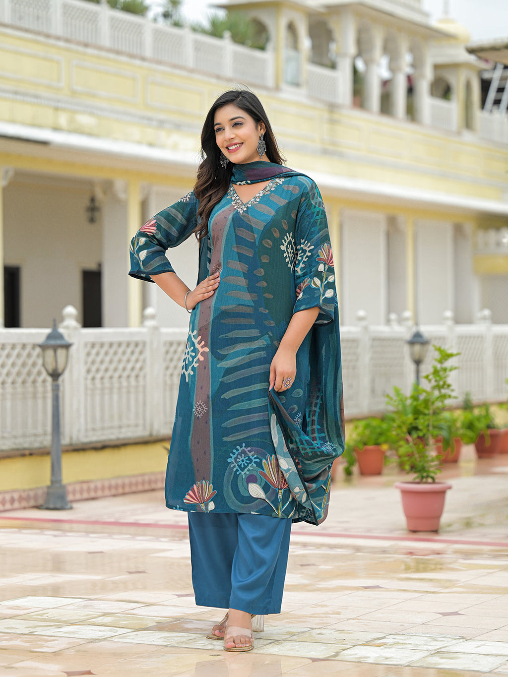 Noe Velarro Blue Pure Crepe Digital Print Kurta Pant Set With Dupatta