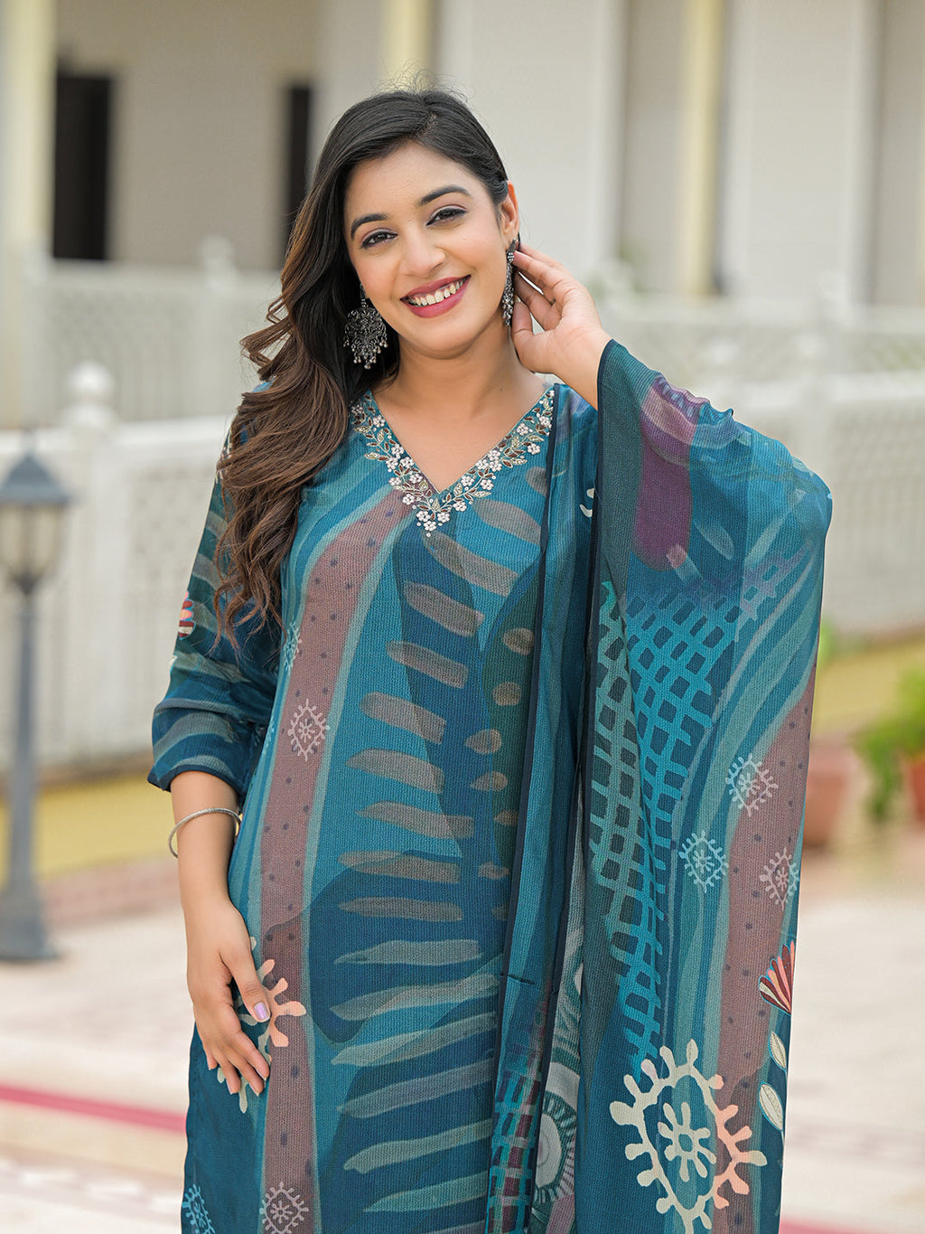 Noe Velarro Blue Pure Crepe Digital Print Kurta Pant Set With Dupatta