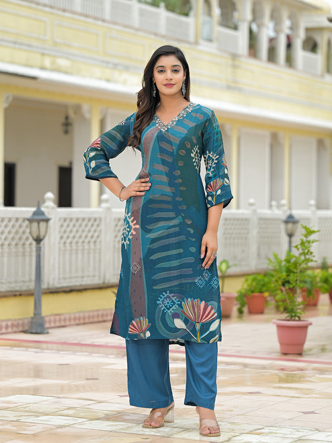 Noe Velarro Blue Pure Crepe Digital Print Kurta Pant Set With Dupatta