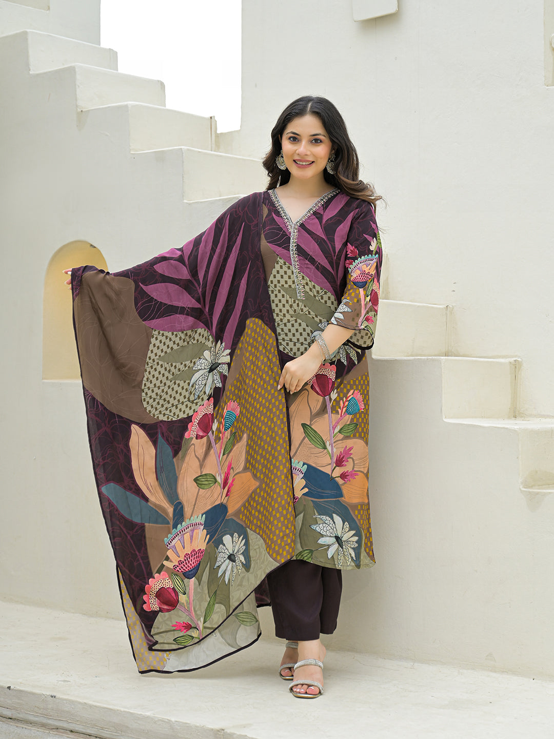 Noe Velarro Purple Pure Crepe Digital Print Kurta Pant Set With Dupatta