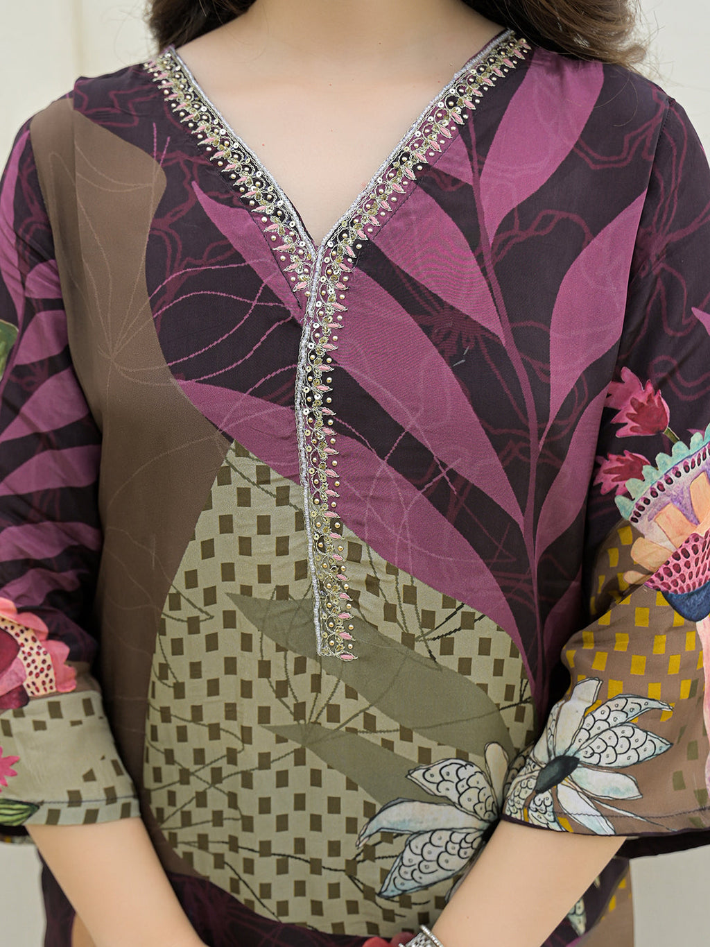 Noe Velarro Purple Pure Crepe Digital Print Kurta Pant Set With Dupatta