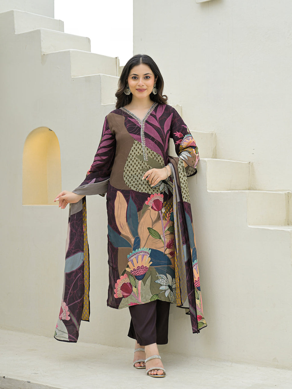 Noe Velarro Purple Pure Crepe Digital Print Kurta Pant Set With Dupatta