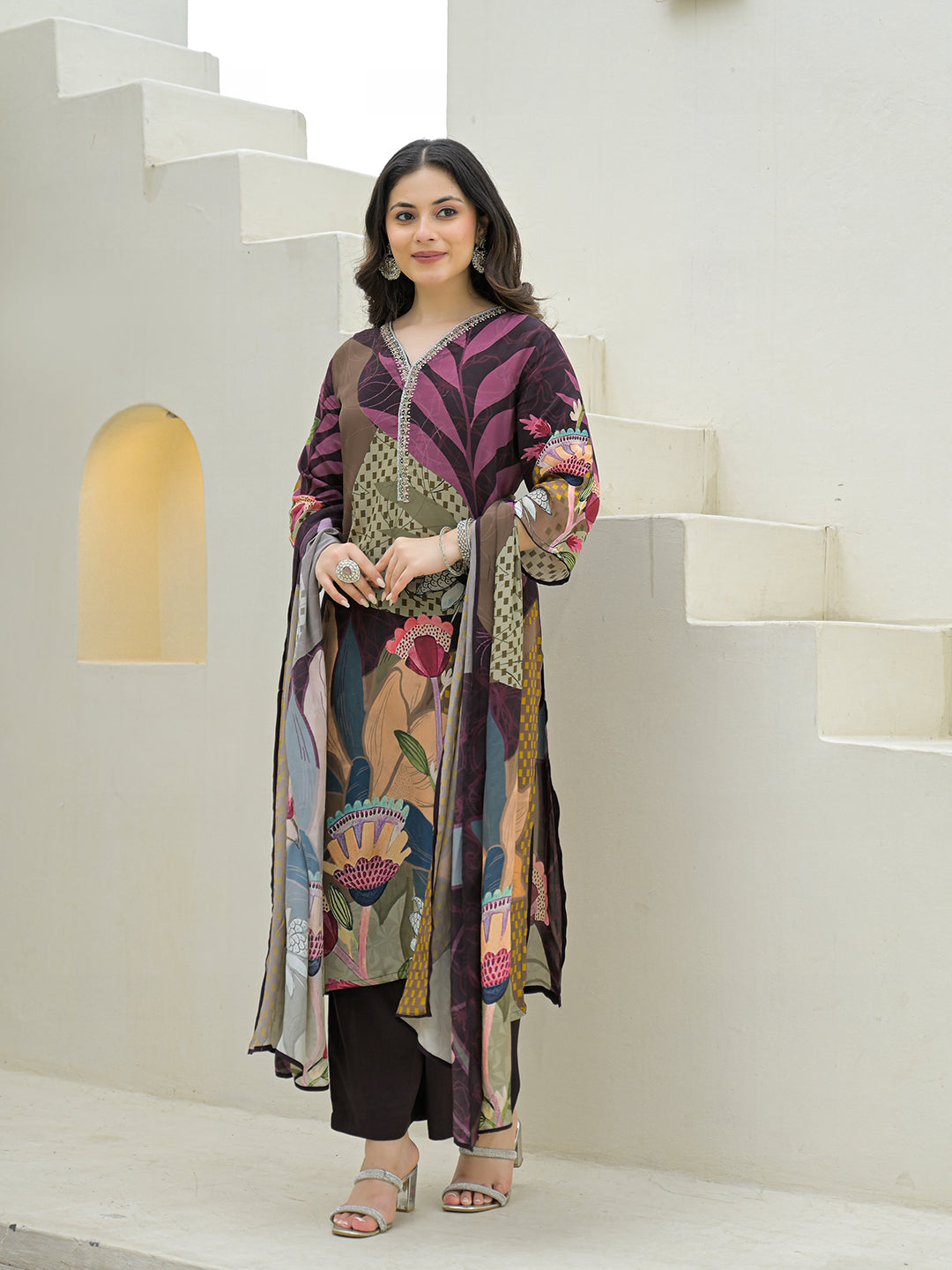 Noe Velarro Purple Pure Crepe Digital Print Kurta Pant Set With Dupatta