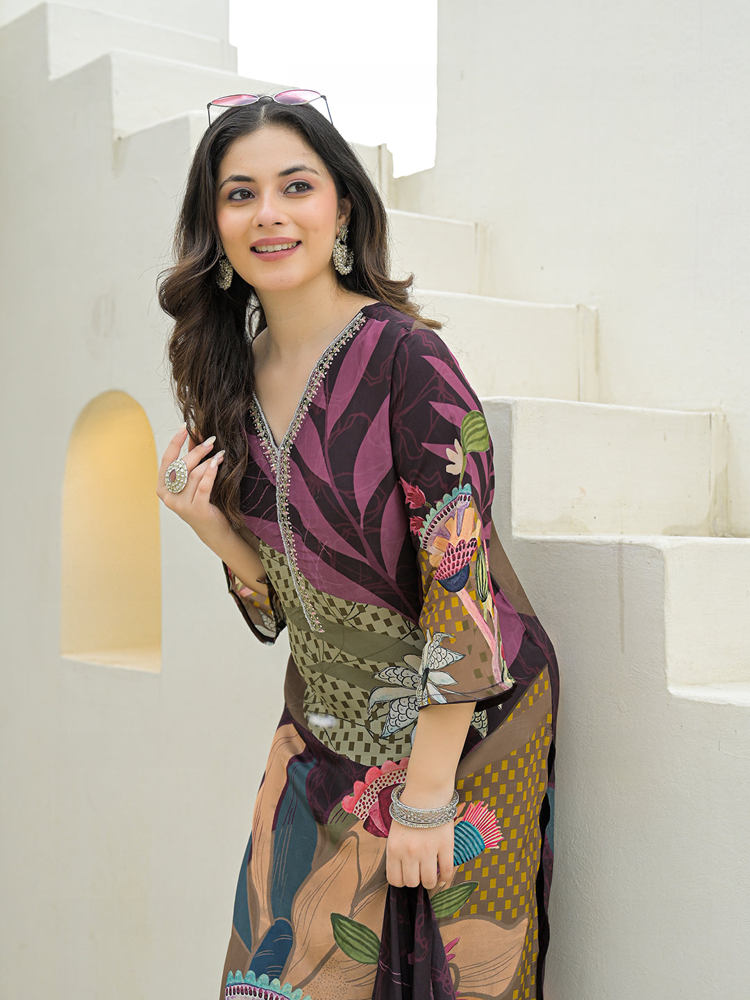 Noe Velarro Purple Pure Crepe Digital Print Kurta Pant Set With Dupatta