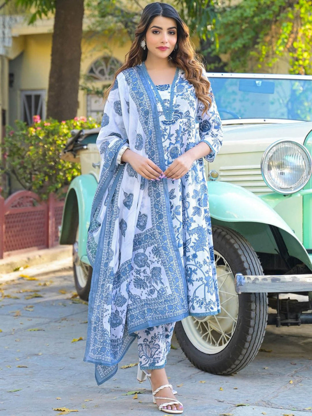 Noe Velarro Floral Printed Anarkali Pure Cotton Kurta with Trousers & Dupatta