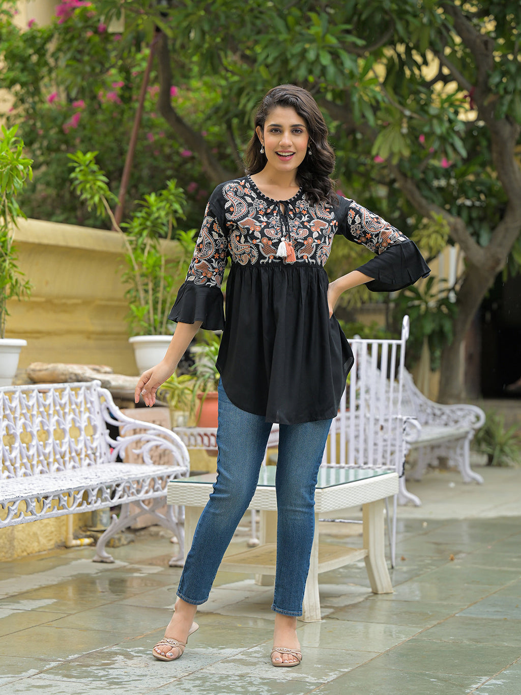 Noe Velarro Black Embroidary Rayon Curved Hemline Top