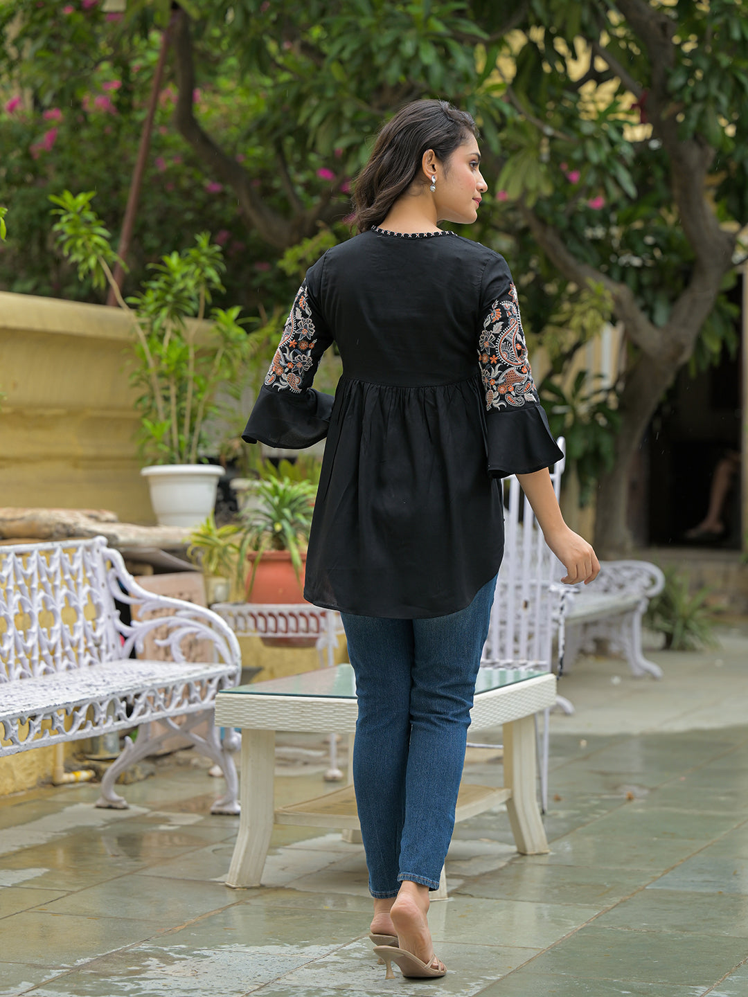 Noe Velarro Black Embroidary Rayon Curved Hemline Top