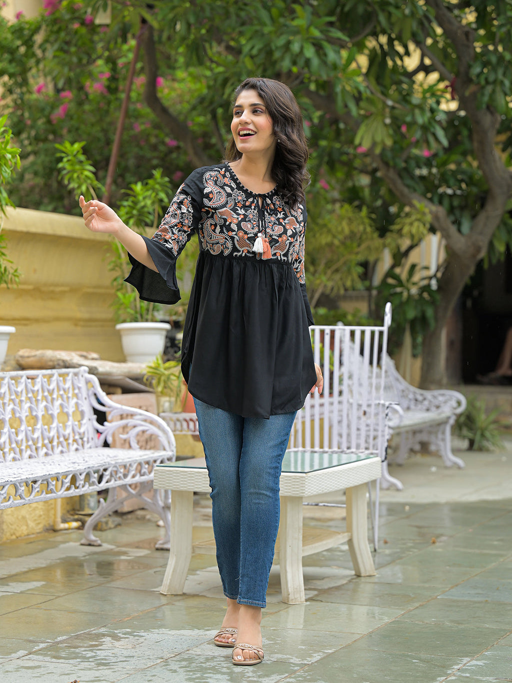 Noe Velarro Black Embroidary Rayon Curved Hemline Top