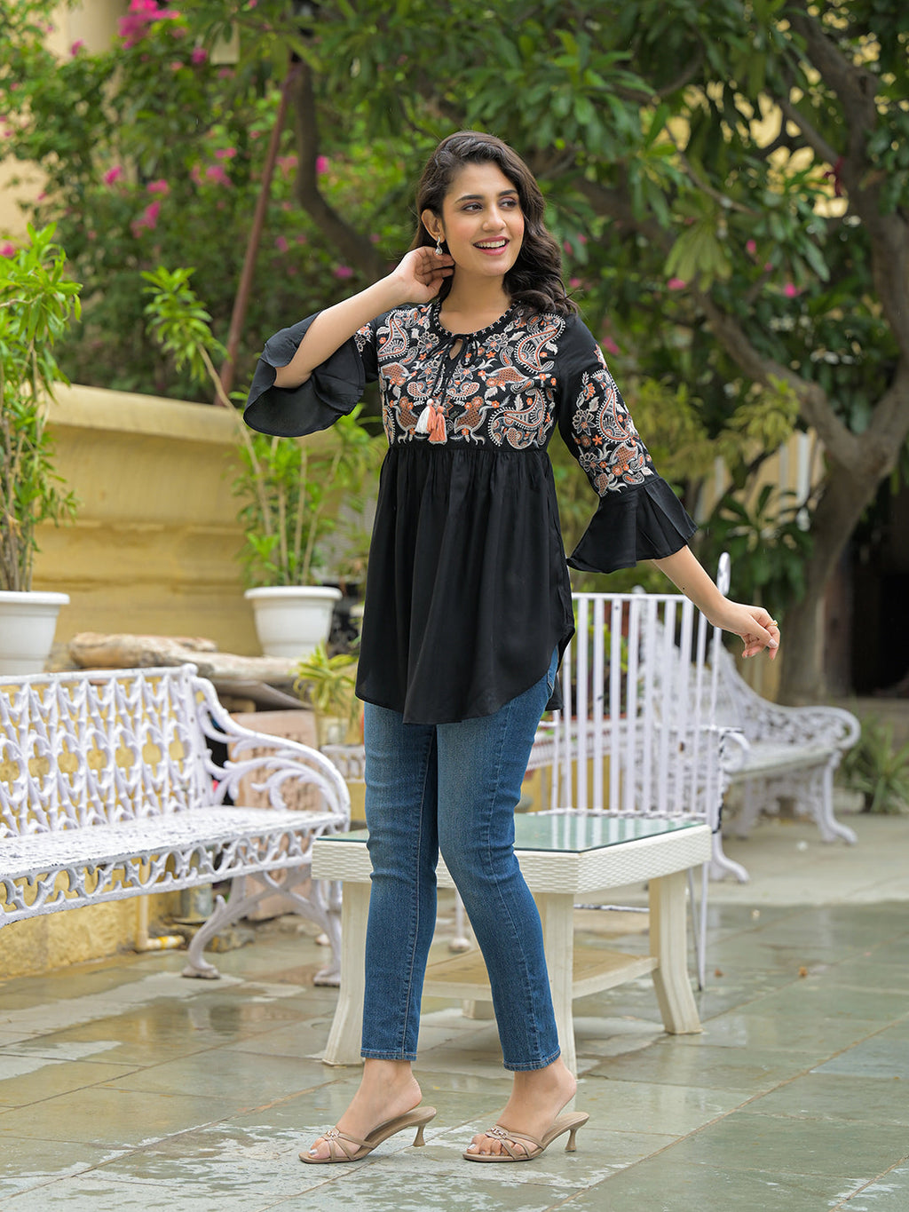 Noe Velarro Black Embroidary Rayon Curved Hemline Top