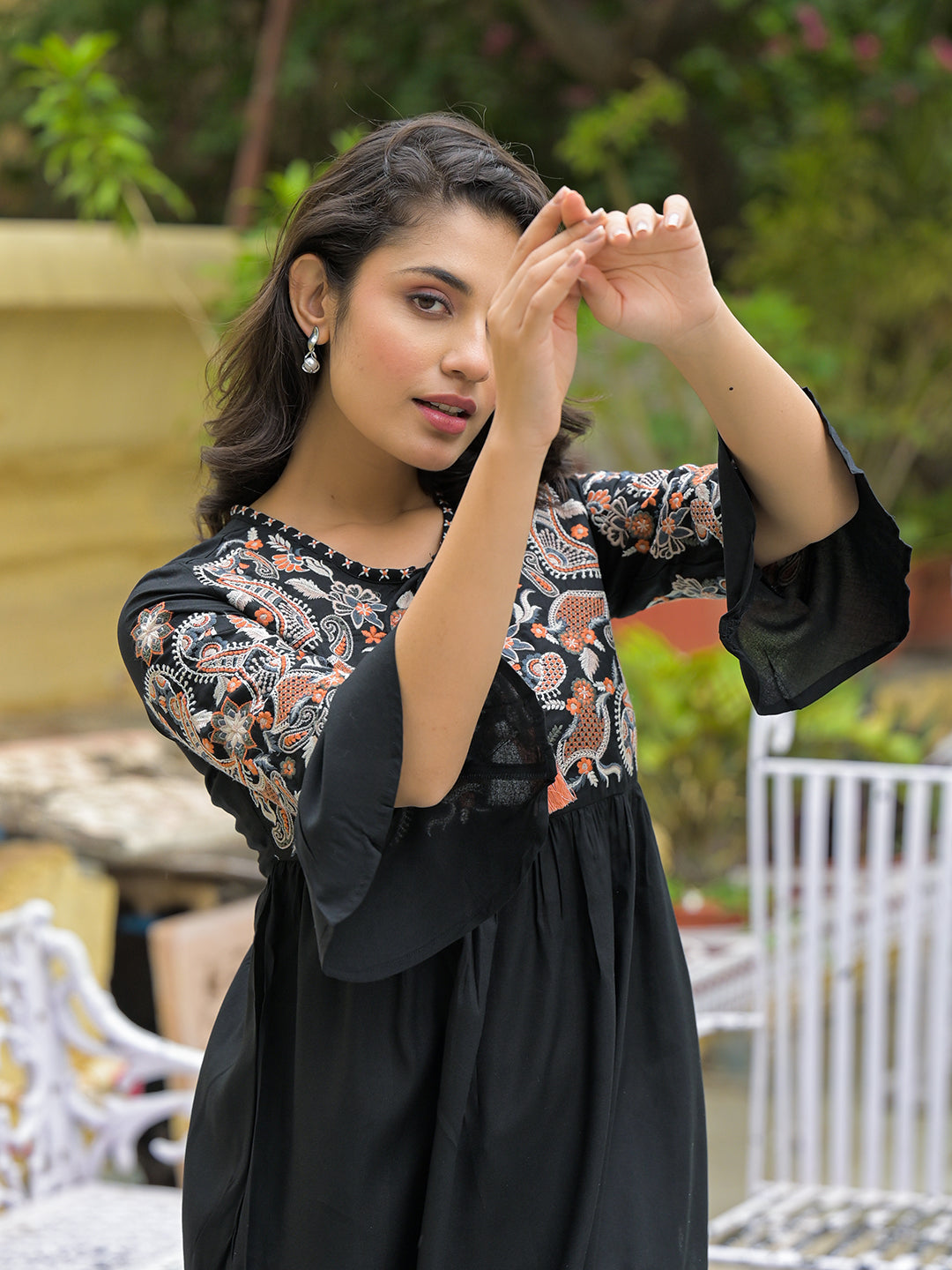 Noe Velarro Black Embroidary Rayon Curved Hemline Top