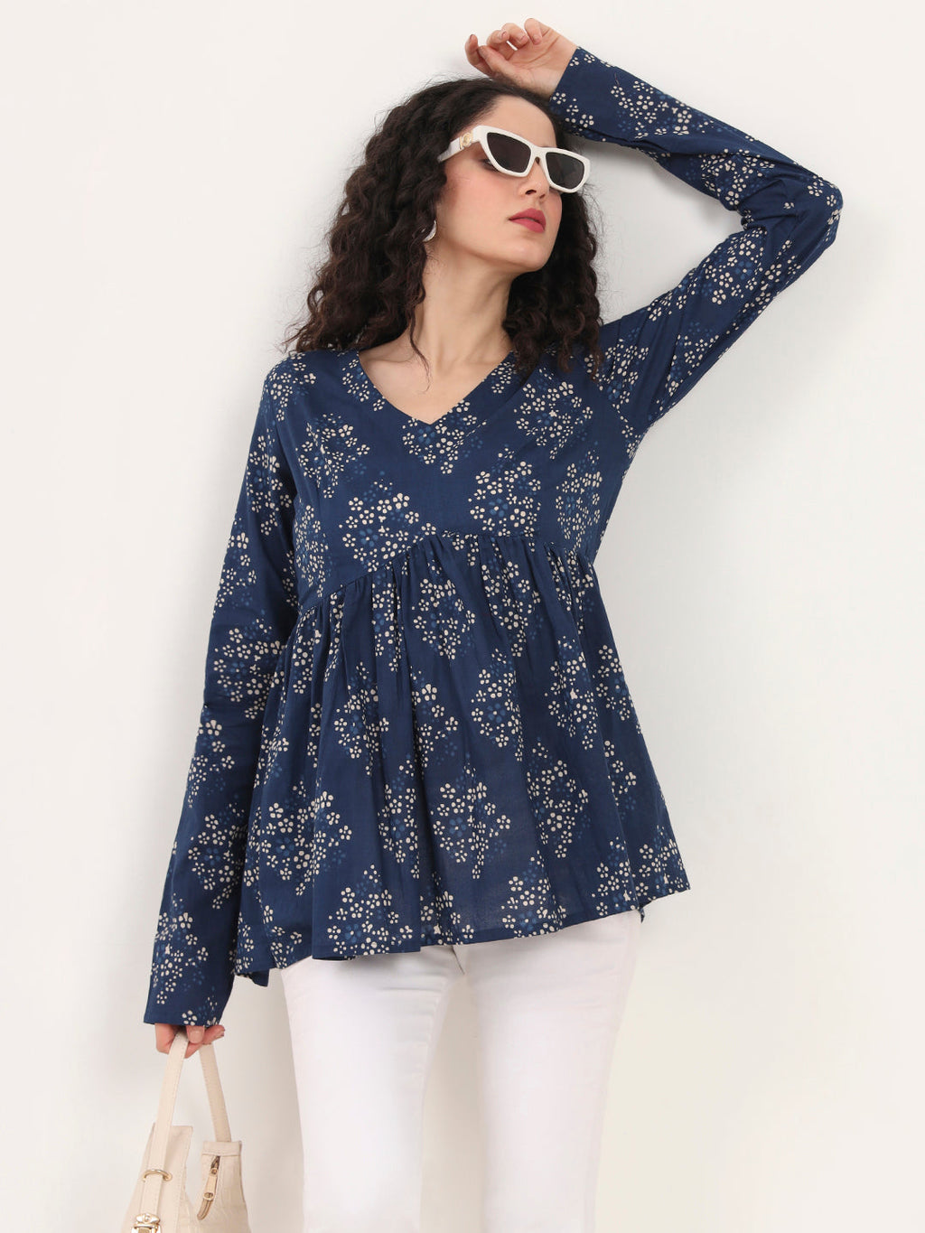 Noe Velarro Blue Floral Printed V Neck Cotton Top