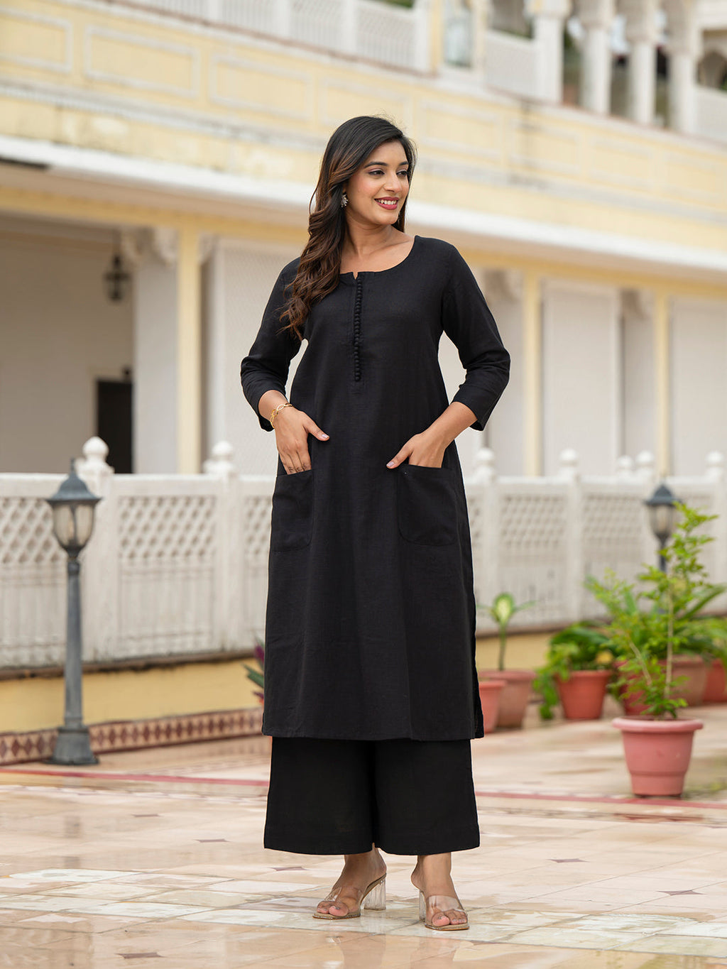 Noe Velarro Black Solid Cotton Kurta Palazzo Set