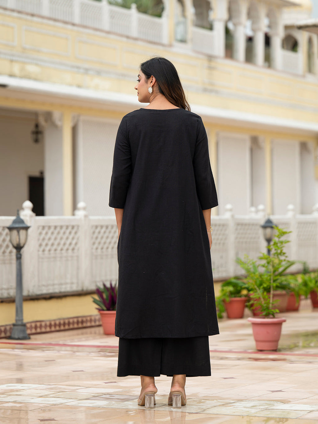 Noe Velarro Black Solid Cotton Kurta Palazzo Set