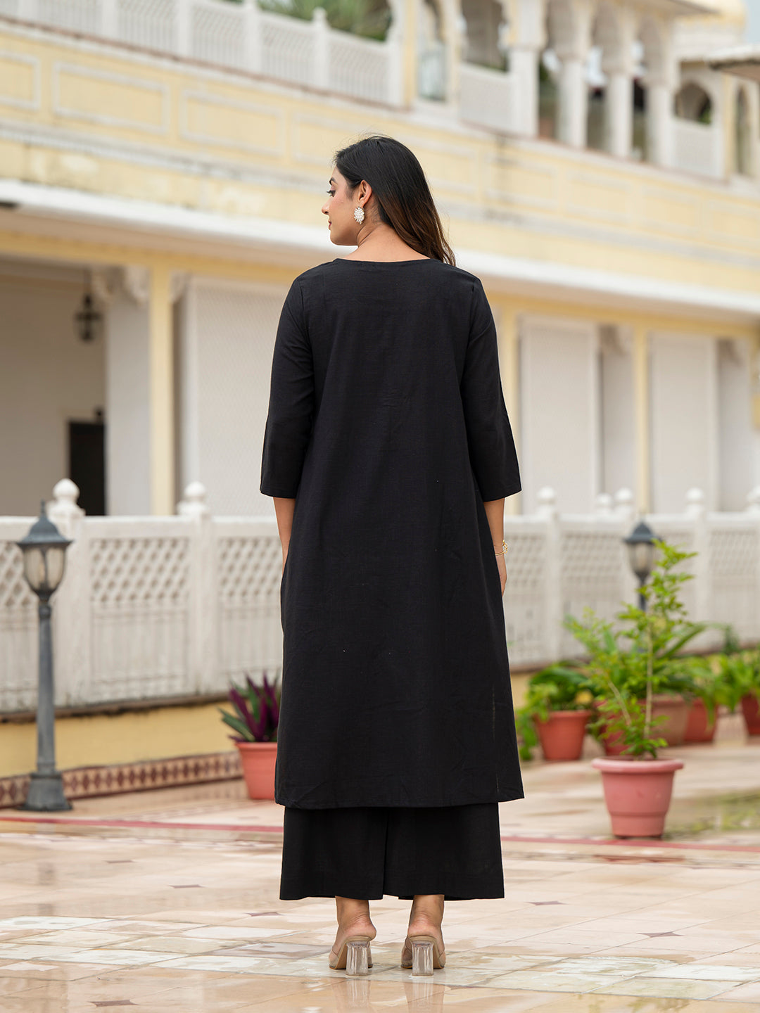 Noe Velarro Black Solid Cotton Kurta Palazzo Set