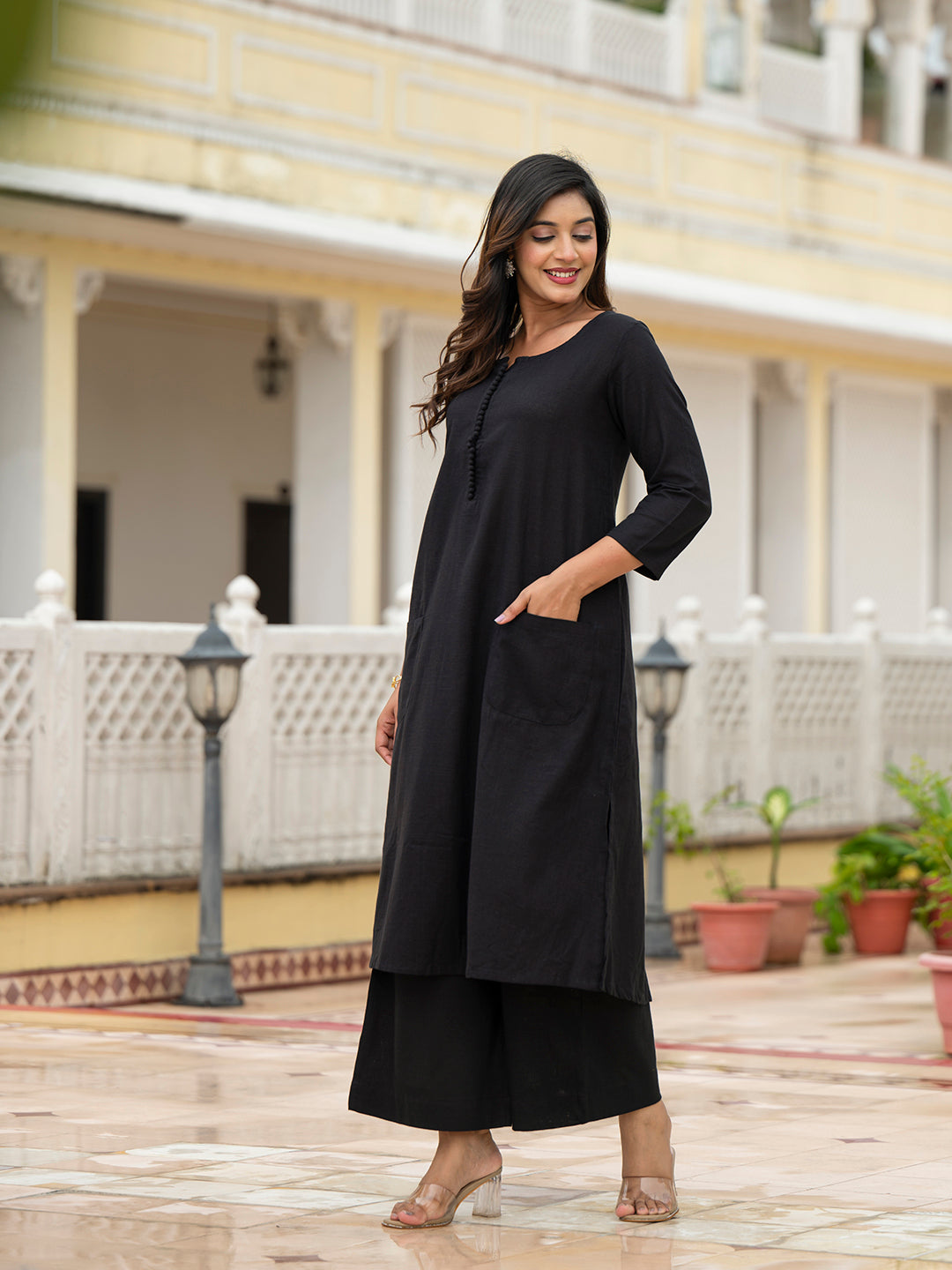Noe Velarro Black Solid Cotton Kurta Palazzo Set