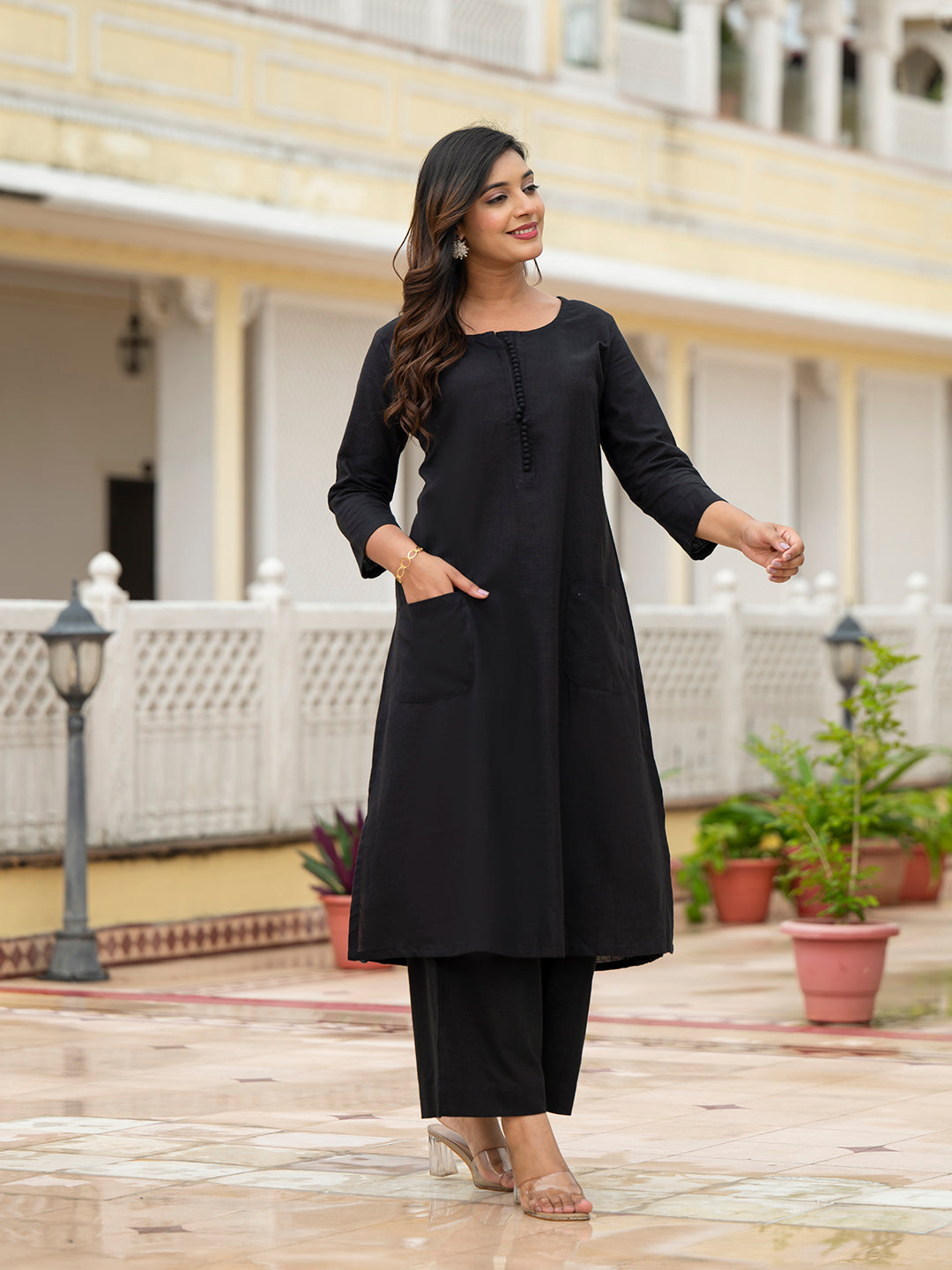 Noe Velarro Black Solid Cotton Kurta Palazzo Set